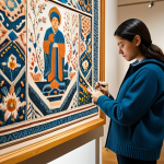 A focused female artisan, fully clothed in modest, smart casual attire, sketching intricate patterns in a well-lit museum gallery. She is closely observing a beautifully preserved, detailed tapestry displaying folk art motifs. The background shows blurred historical exhibits, bathed in soft, natural light, creating an atmosphere of quiet inspiration. The scene highlights the artistic process of finding unique ideas from cultural heritage. Perfect anatomy, correct proportions, natural pose, well-formed hands, proper finger count, natural body proportions. Safe for work, appropriate content, appropriate attire, family-friendly, professional photography, high quality.