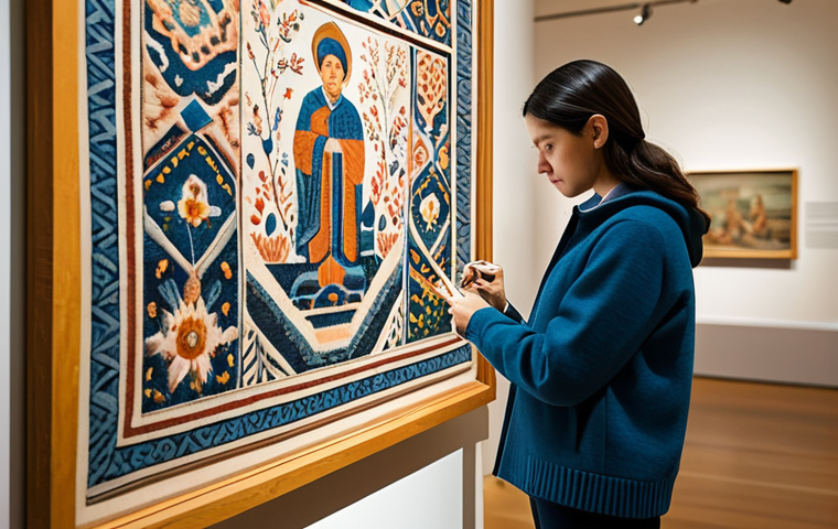 A focused female artisan, fully clothed in modest, smart casual attire, sketching intricate patterns in a well-lit museum gallery. She is closely observing a beautifully preserved, detailed tapestry displaying folk art motifs. The background shows blurred historical exhibits, bathed in soft, natural light, creating an atmosphere of quiet inspiration. The scene highlights the artistic process of finding unique ideas from cultural heritage. Perfect anatomy, correct proportions, natural pose, well-formed hands, proper finger count, natural body proportions. Safe for work, appropriate content, appropriate attire, family-friendly, professional photography, high quality.